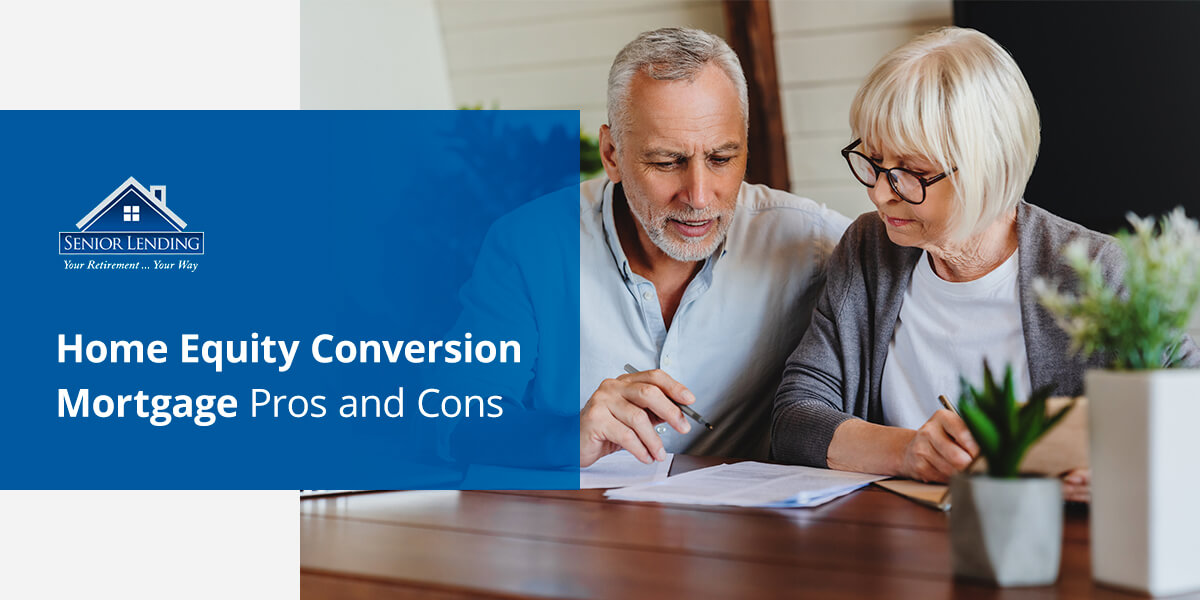 an ad for senior lending reverse mortgage shows a man and woman looking at papers