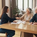 a woman shakes hands with an elderly couple at a table