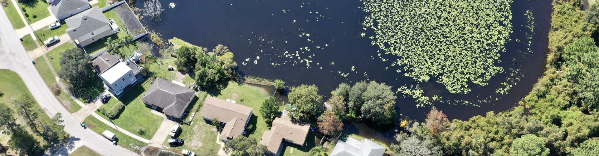 an aerial view of a lake surrounded by houses and trees in Florida